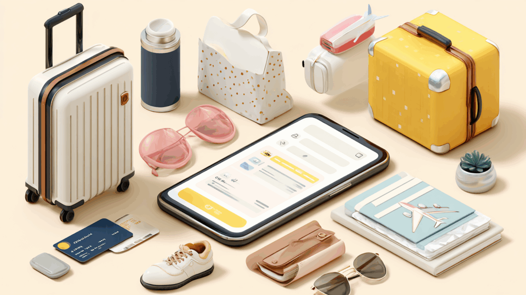AI shopping assistant interface surrounded by travel essentials for trip preparation