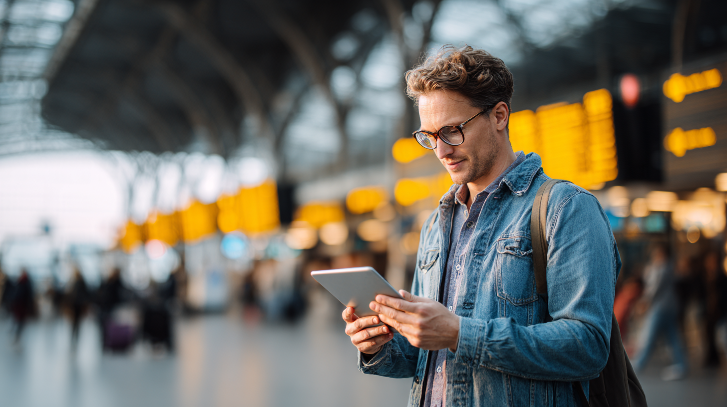 Traveler using a tablet at the airport, interacting with a chatbot for real-time travel updates