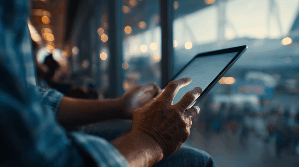 Traveler using a tablet at the airport, interacting with a chatbot for travel assistance