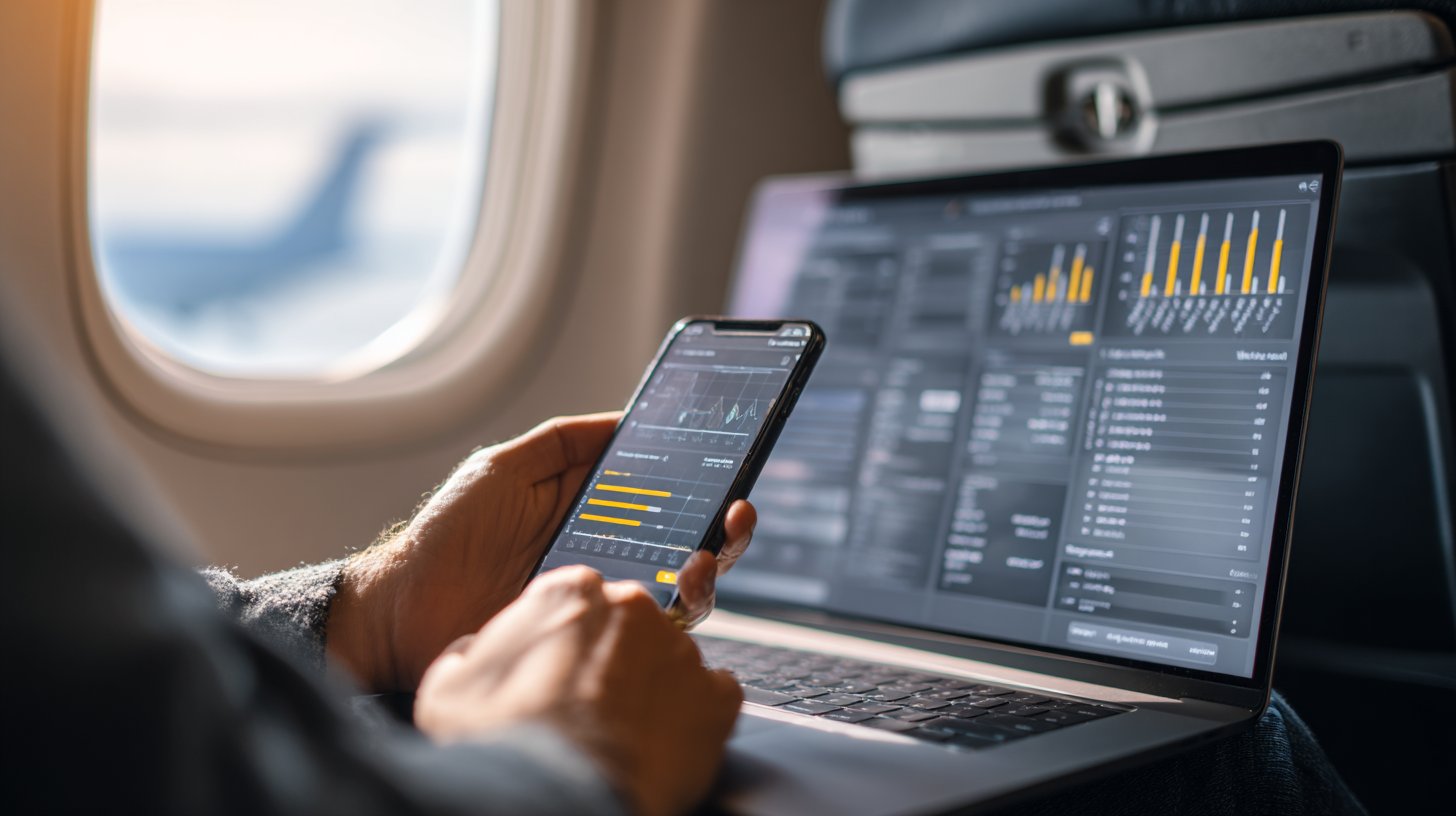 Traveler using AI flight price predictor dashboard on phone and laptop during flight