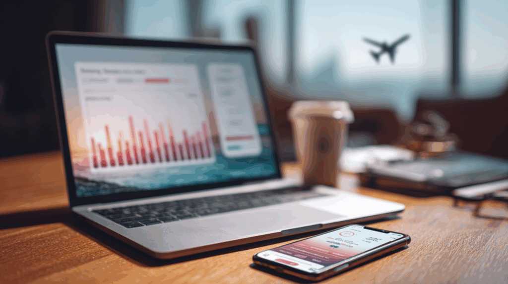 Laptop and smartphone showing AI flight price predictor with graphs and booking insights