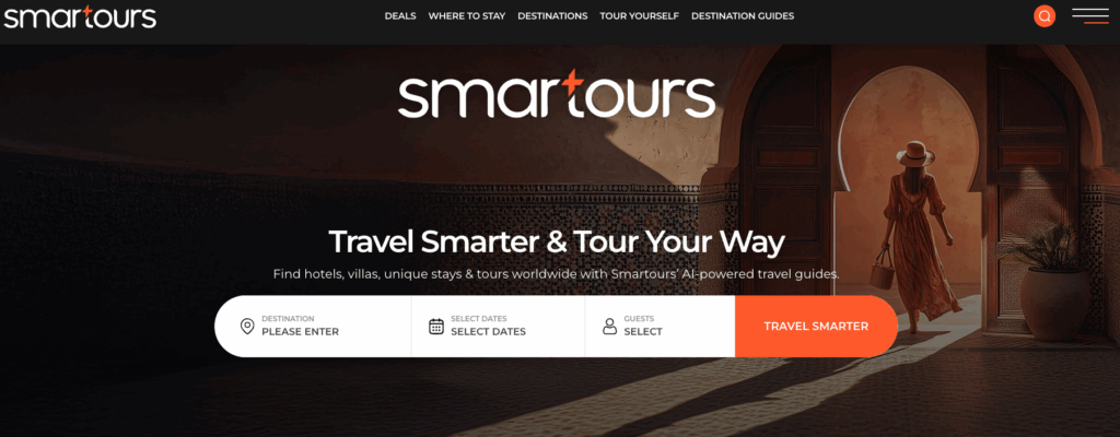 Smartours website section one with search box and navigation bar. 