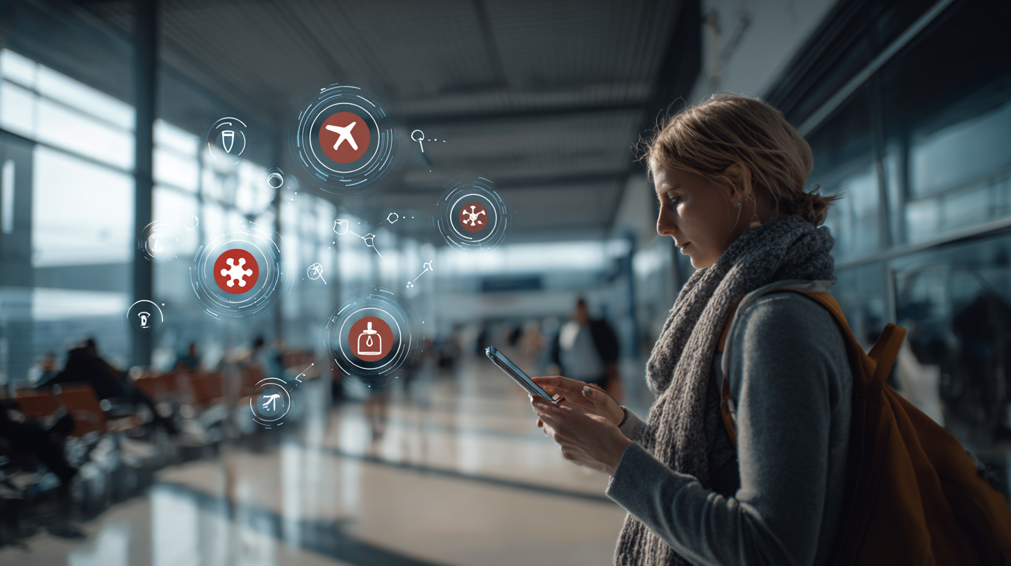 Traveler at airport using mobile app with real-time health advisory data and AI-powered travel alerts
