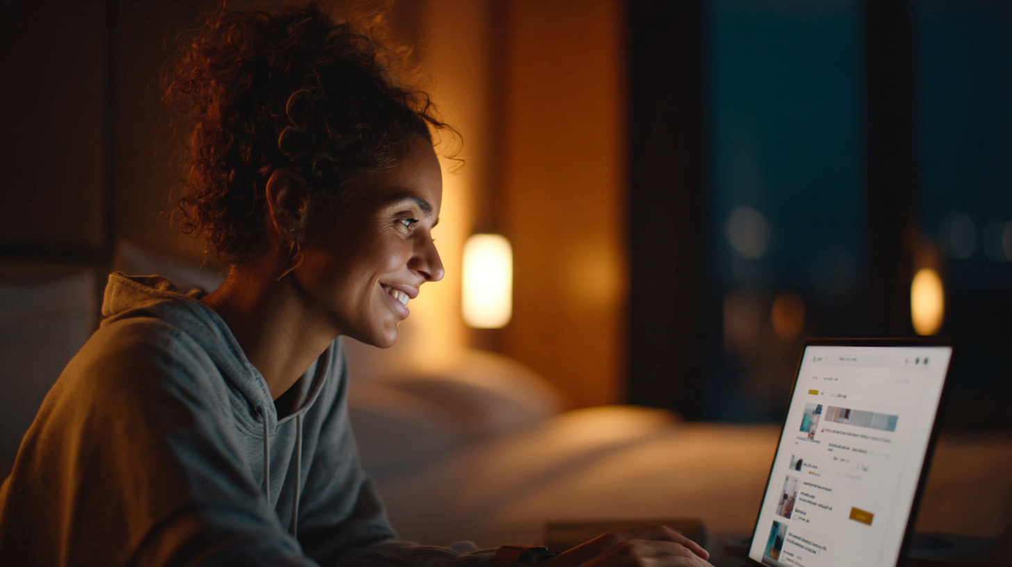 Woman booking a trip on her laptop at home with a smile – showcasing AI-powered form automation reducing friction in travel booking.