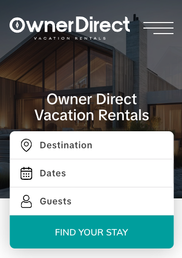 Owner Direct Vacation Rentals homepage with search fields for destination, dates, and guests