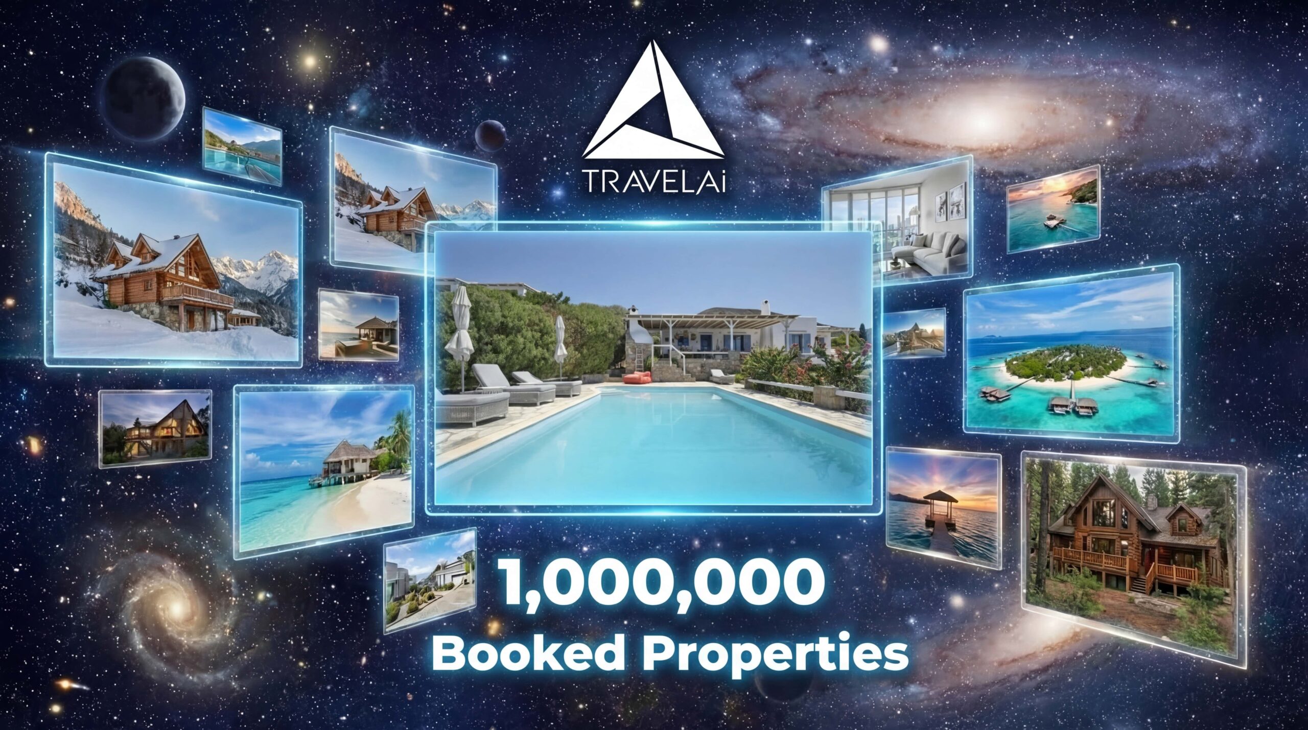 TRAVELAI logo and text "1,000,000 Booked Properties" against a cosmic background with floating screens showing various vacation rentals like a villa with a pool, beach resorts, and mountain cabins.
