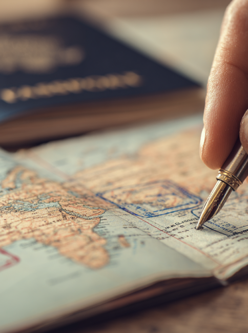 Hand filling out a visa application on a passport with travel documents