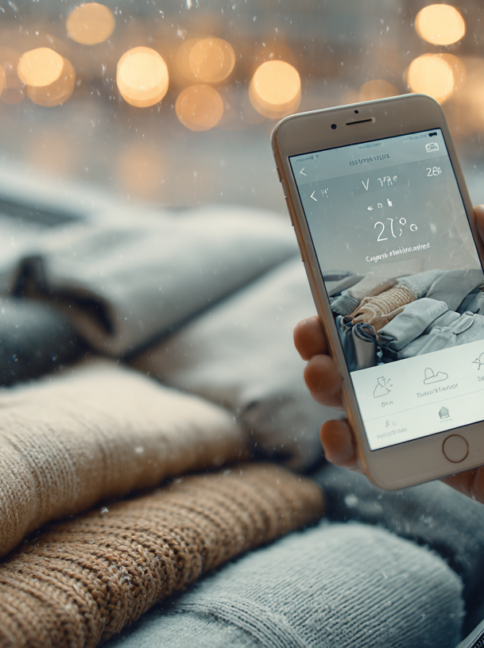 Traveler using AI weather app to receive winter clothing recommendations and smart packing suggestions