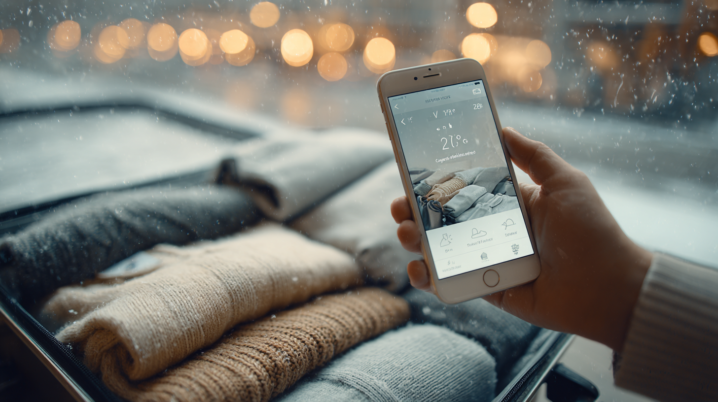 Traveler using AI weather app to receive winter clothing recommendations and smart packing suggestions