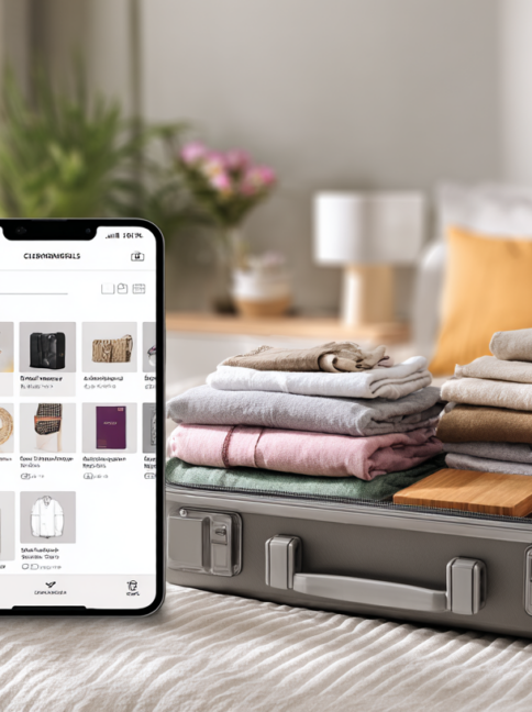 Traveler using an AI shopping assistant to organize pre-trip shopping tasks and travel essentials
