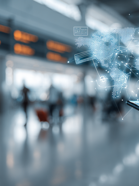 Traveler using a smartphone with an AI travel chatbot displaying visa requirements and travel information inside an international airport terminal.