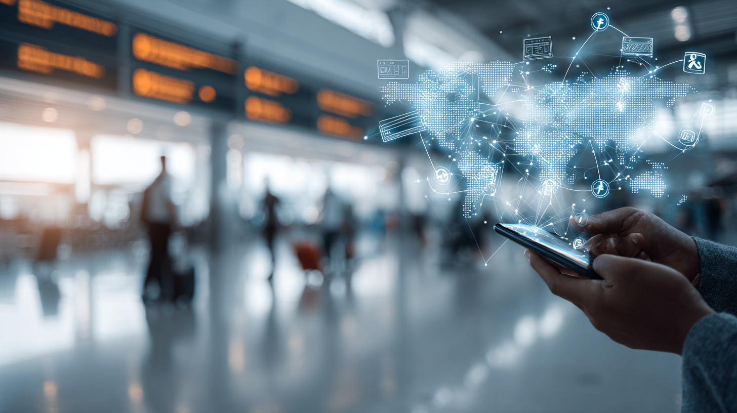 Traveler using a smartphone with an AI travel chatbot displaying visa requirements and travel information inside an international airport terminal.