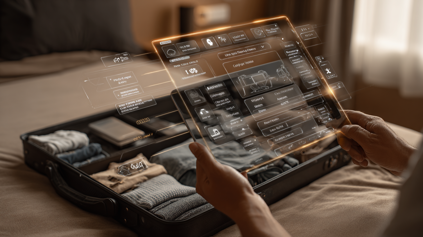 Traveler using AI-powered app to create a smart packing list and organize a suitcase for travel